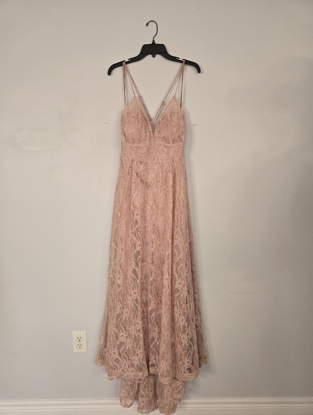 Le Chateau Elegant Blush Lace Maxi Dress with Delicate Straps